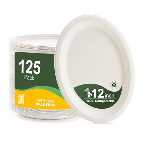 100% Compostable Oval Paper Plates 12 Inch, 125-Pack Large Heavy Duty Paper Plates Bulk,Biodegradable Bagasse,Eco-Friendly Disposable Dinner Plate for BBQ,Picnic,Party (BPI Certified,Microwaveable)
