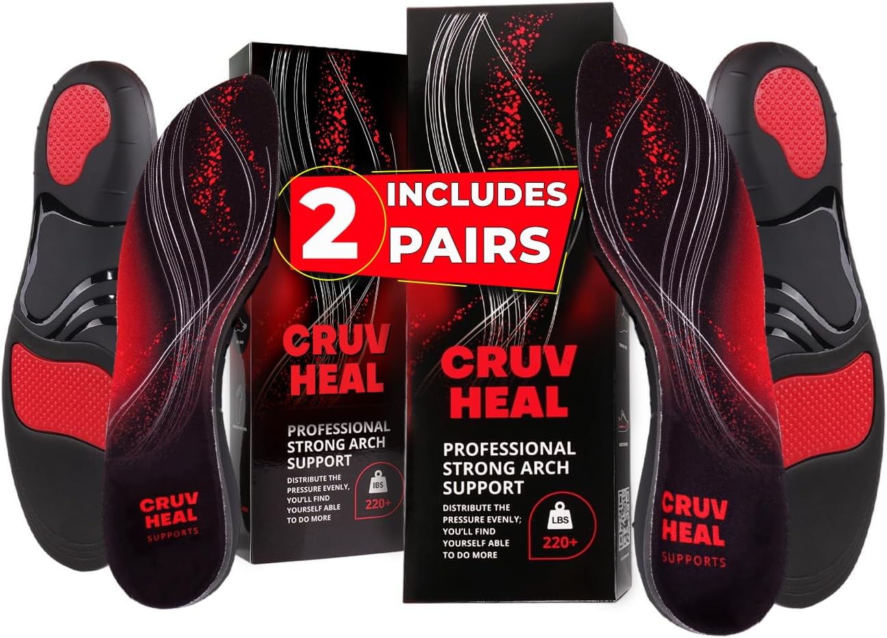 2 Pairs of 220+ lbs Plantar Fasciitis Insoles Men Women - Heavy Duty High Arch Support - Orthotic Shoe Inserts - Work Boot Shoe Insole (Black, XS)
