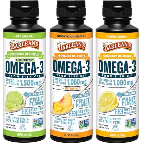 Barlean's Omega 3 Fish Oil Liquid Supplement 3-Flavor Variety Pack for Men and Women, EPA and DHA Fatty Acid, Includes Key Lime Pie, Lemon Creme and Mango Peach Flavors, 8 oz
