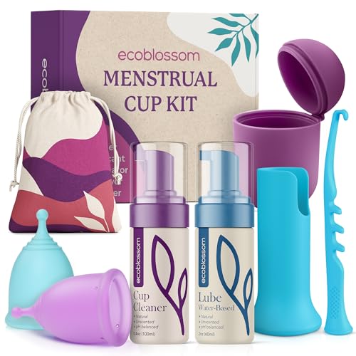 Ecoblossom Complete Menstrual Cup Kit - Small & Large Reusable Period Cups, Silicone Sterilizer Holder, Cleansing Wash, Water-Based Lube, and Easy-Insert Disc Applicator - All Inclusive Set