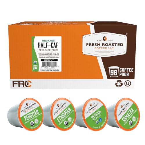 Fresh Roasted Coffee, Organic Water-Processed Half-Caf Variety Pack | USDA Organic, Kosher | K-Cup Compatible, 96 Pods