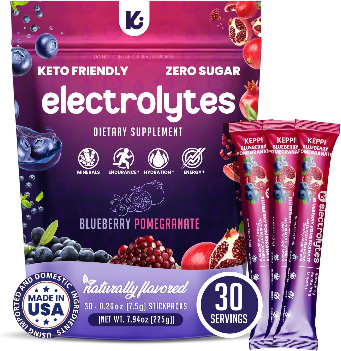 Keppi Electrolytes Powder Packets  Blueberry Pomegranate 30 Servings  No Sugar Hydration Supplement with Potassium, Magnesium, Sodium  Keto, Vegan, Fasting-Friendly, Zero Calorie Hydration Packets