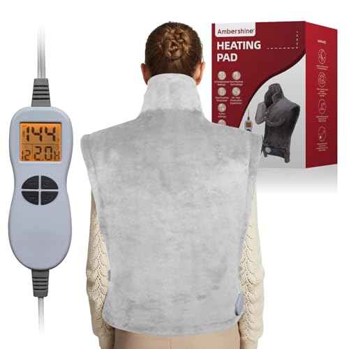 Ambershine 26"x35" XXXL King Size Neck& Shoulder& Back Heating Pad with 12 Temperature Settings& 4 Auto-Off Countdown Timers, Pain Relief for Back/Neck/Shoulder, Christmas gift for mom dad(Light Grey)