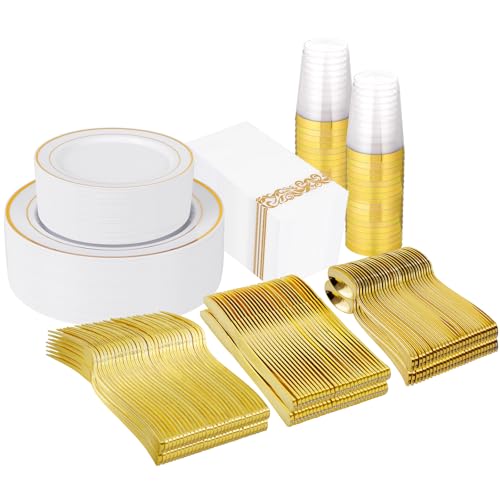 Supernal 400pcs Gold Plastic Dinnerware Set for 50 Guests-Gold Plastic Plates Heavy Duty Disposable Party Plates, 200 Gold Plastic Silverware, Linen Napkins, Clear Cups For Wedding,Birthday