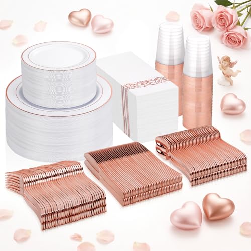 Supernal 400pcs Rose Gold Plastic Plates Disaposable Heavy Duty included Disposable Utensils& Plastic Party Plates Disaposable Party Cups and Napkins Sets for Wedding Party and Birthday