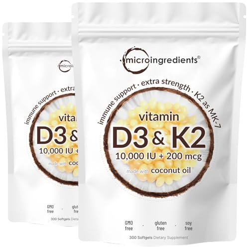 2 Pack Vitamin D3 10000 iu Plus K2 (MK-7) 200 mcg, 300 Virgin Coconut Oil Softgels | 2 in 1 Vitamins D & K Complex | Supports Calcium Absorption, Bone, Immune, & Heart Health  Easy to Swallow