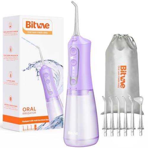 Bitvae Water Dental Flosser Teeth Pick, Cordless Flosser for Travel with 6 Jet Tips, 3 Modes 5 intensities, IPX7 Waterproof Portable & Rechargeable Oral Irrigator Cleaner, Purple