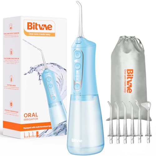 Bitvae Water Dental Flosser Teeth Pick, Cordless Flosser for Travel with 6 Jet Tips, 3 Modes 5 intensities, IPX7 Waterproof Portable & Rechargeable Oral Irrigator Cleaner, Sky Blue