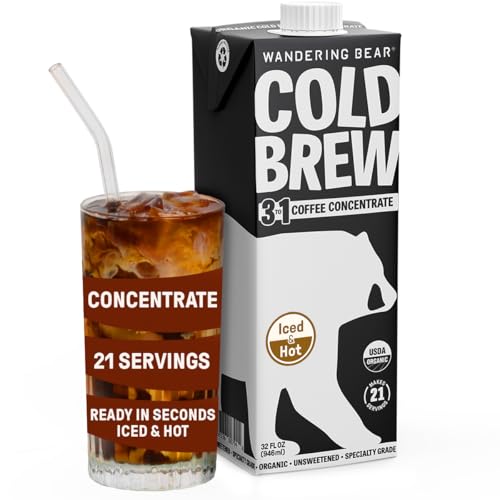 Wandering Bear Organic Unsweetened Extra Strong Cold Brew in a Box Coffee, Shelf-Stable, 21 Servings, Ideal for Wandering Black Concentrate
