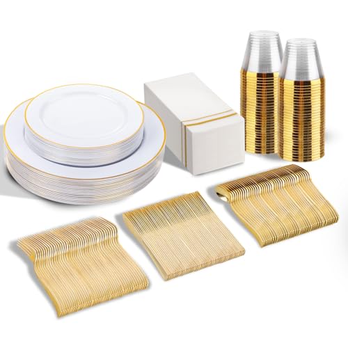 SUT 175 PCS Plastic Plates,Plates Disposable Heavy Duty for 25 Guests, Disposable Plates for Party, Plastic Disponsable plates including Party plates and Cups and Napkins Sets