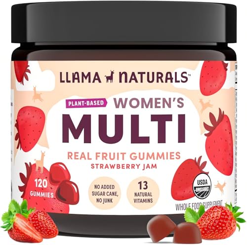 Llama Naturals Multivitamin for Women, Vegan, Organic Gummies with Vitamin D, C and K, Women's Real Fruit Gummy Vitamins, Chewable Multivitamin Supplement, No Added Sugar Cane, Strawberry, 120 Ct