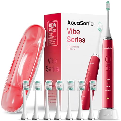 Aquasonic Vibe Series Ultra-Whitening Toothbrush  ADA Accepted Electric Toothbrush - 8 Brush Heads & Travel Case  40,000 VPM Motor & Wireless Charging - 4 Modes w Smart Timer  Ruby