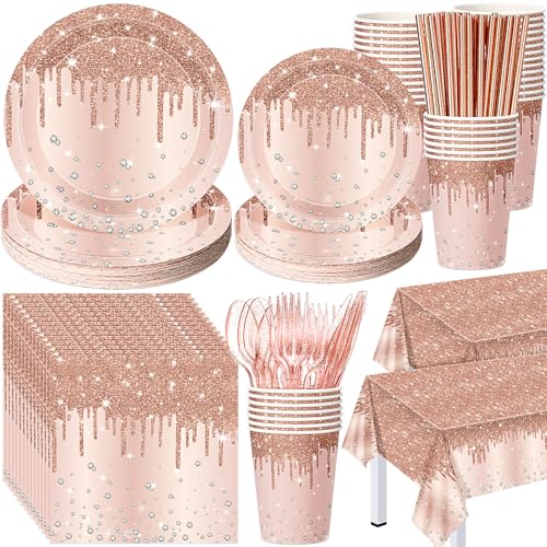 452 Pcs Rose Gold Party Supplies Birthday Decorations Include Glitter Rose Gold Paper Plates and Napkins Cups Tablecloth Cutlery Straws Disposable Tableware Set for Women Birthday