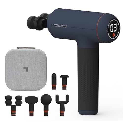 Sharper Image Powerboost Max Massage Gun  Deep Tissue Percussion Massager| 7 Speed, 6 Attachments| Quiet Handheld Muscle Massage Therapy Gun| Full Body Shoulder Back Recovery & Pain Relief Tool