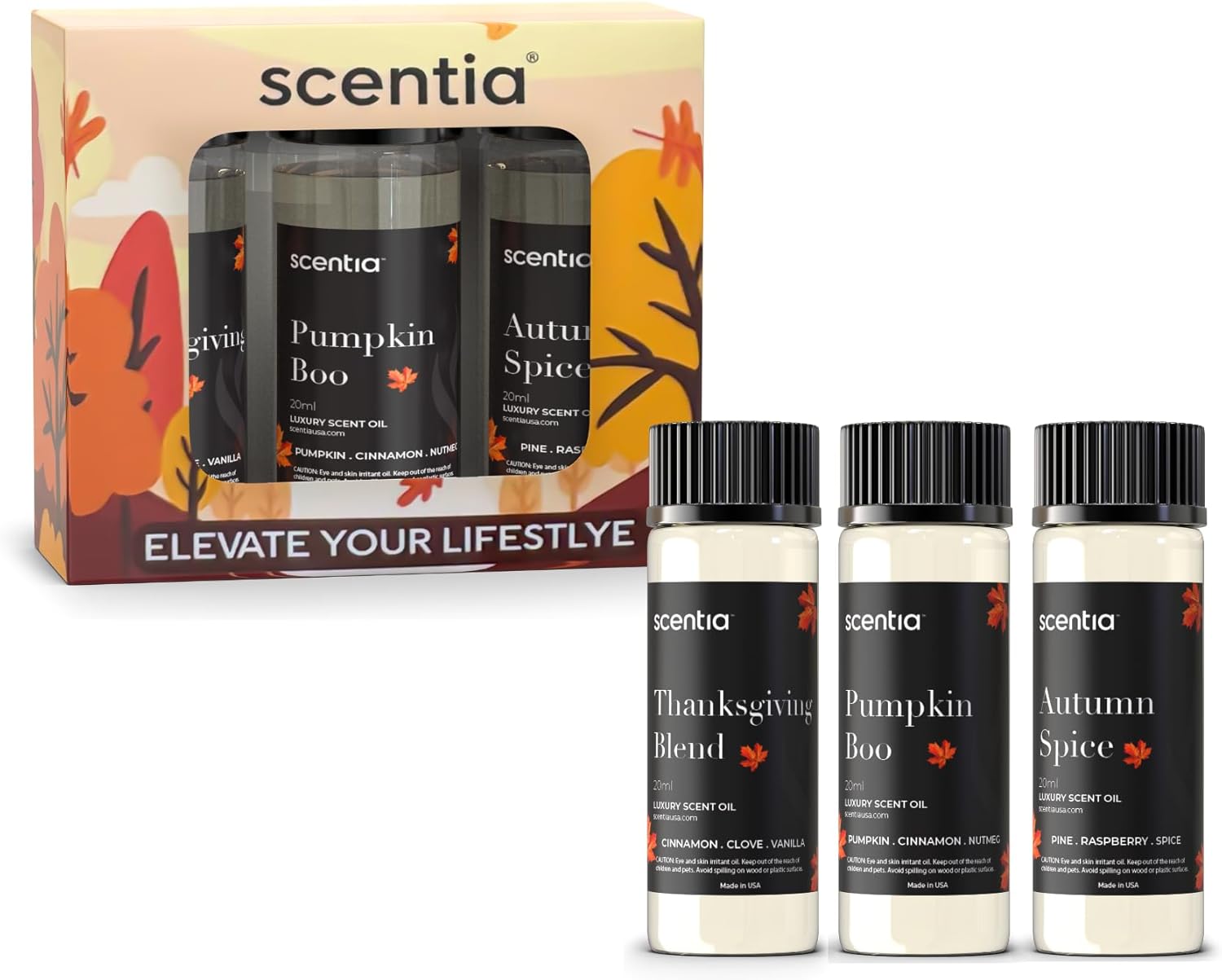 Scentia Fall Essential Oils for Diffuser with 3 Cozy Scents: Autumn Spice, Thanksgiving Blend & Pumpkin Boo - 20ml Aromatherapy Oils for Home, Candles & DIY - Perfect Fall Gift