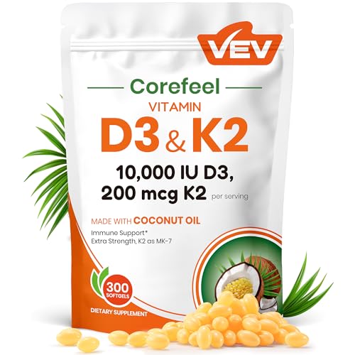VEV Corefeel Vitamin D3 K2 10,000 IU, 200 mcg MK-7, 300 coconut Oil Softgels, 2 in 1 Vitamins Supplement D & K (Include MK7), Easy to Swallow, Supports Calcium Absorption, Bone Health