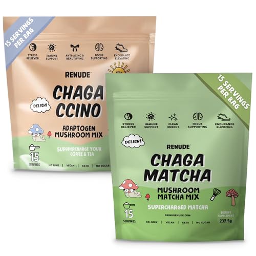Renude Chaga Matcha and Chagaccino - Chaga Mushroom Powder for Coffee and Matcha, Mushroom Drink Mix with Adaptogens, Natural Energy and Immune Support, Vegan, Keto - 15 Servings Each