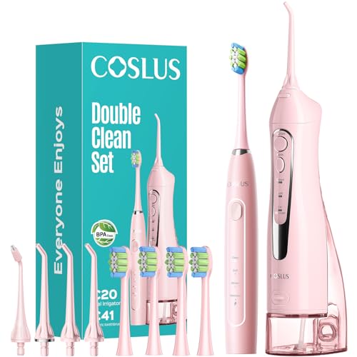 COSLUS Portable Water Flosser with Electric Toothbrush Combo: 2-in-1 Oral Clean Kit for Teeth, Braces, Gums Care - Brushing & Flossing for Adults, Family, Travel Use, BPA-Free, Black, C20 & C41