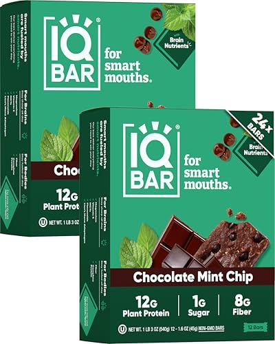 IQBAR Brain and Body Plant Protein Bars - Chocolate Mint Chip - 24-Count Low Carb - Gluten Free, High Fiber, Vegan Snacks - Low Sugar Meal Replacement
