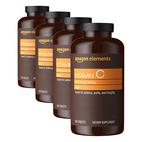 Amazon Elements Vitamin C 1000mg, Supports Healthy Immune System, Vegan, 300 Tablets, 10 Month Supply (Pack of 4)
