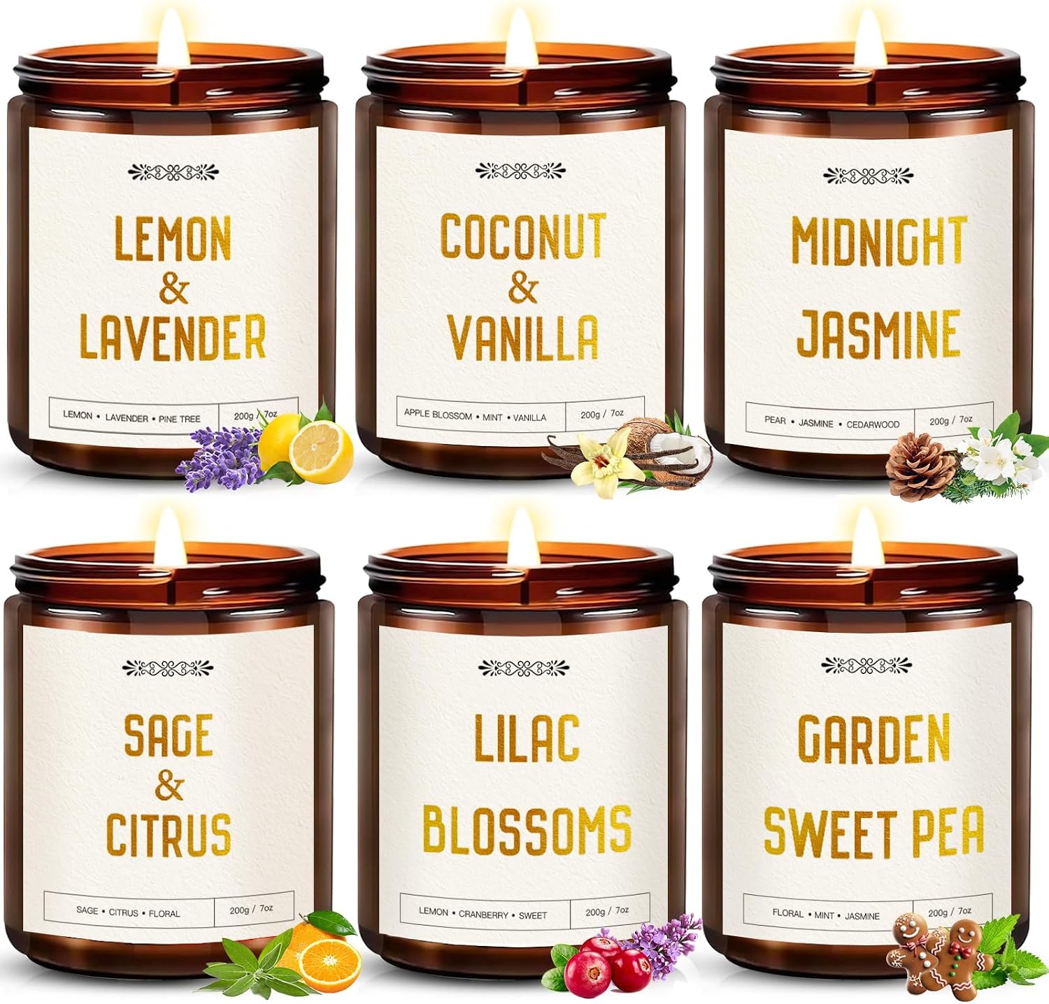 6 Pack Candles for Home Scented, 42oz Amber Jar Candles Gifts for Women, 330 Hour Clean Burning Time, Natural Soy Wax and Wicks, Aromatherapy Candles Gift Set for Women, Ideal Holiday Gift