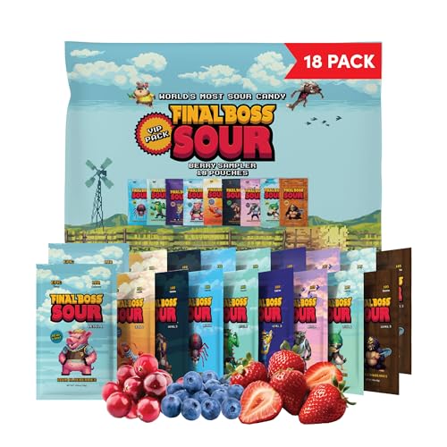 Final Boss Halloween Sour Candy Variety Pack, 18 Pack, All Sour Levels, Extreme Sour Fruit Chews with Real Dried Fruit, No Artificial Colors or Flavors, Low Calorie Snack for Kids, Teens & Adults