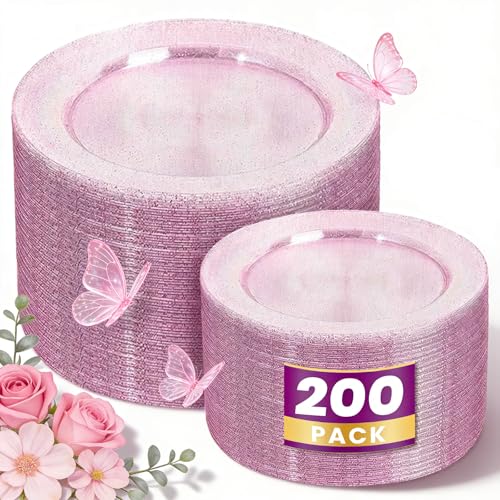 WDF 200PCS Pink Plastic Plates