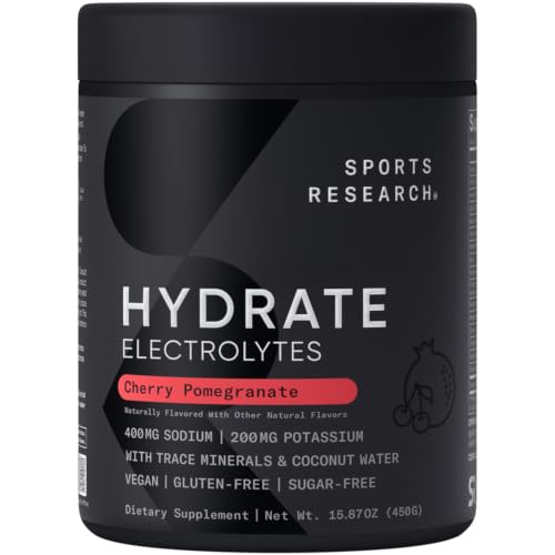 Sports Research Hydrate Electrolytes Powder - Sugar-Free & Naturally Flavored with Vitamins, Minerals, and Coconut Water - Supports Hydration - Cherry Pomegranate - 90 Servings