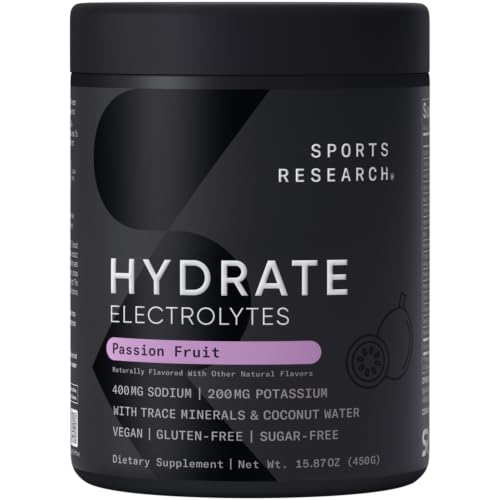 Sports Research Hydrate Electrolytes Powder - Sugar-Free & Naturally Flavored with Vitamins, Minerals, and Coconut Water - Supports Hydration - Passion Fruit - 90 Servings