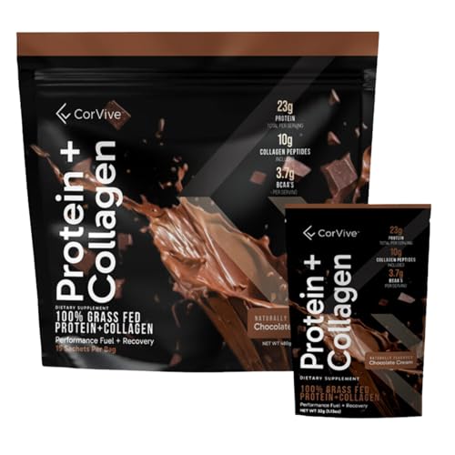 Protein + Collagen Powder | 23g Protein (Grass-Fed Whey + Collagen) | 3.7g BCAAs | Supports Muscle & Joint Health | Gluten & Soy Free | No Artificial Ingredients | 15 Sachets - Chocolate