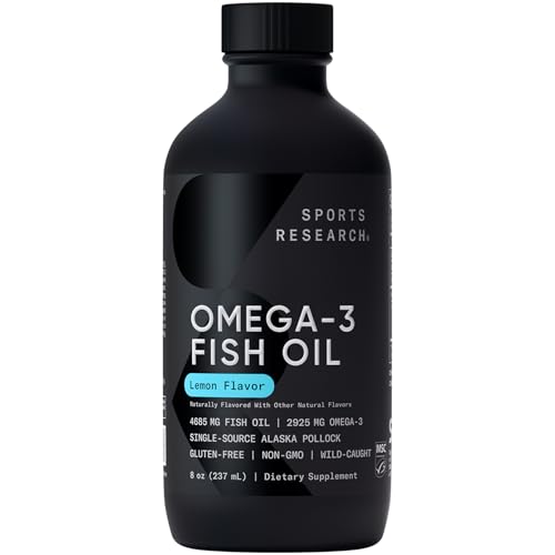 Sports Research Omega-3 Fish Oil 4685mg - Sourced from Wild Caught Alaska Pollock - Natural Lemon Flavor, MSC Certified Sustainable - 8oz (48 Servings)