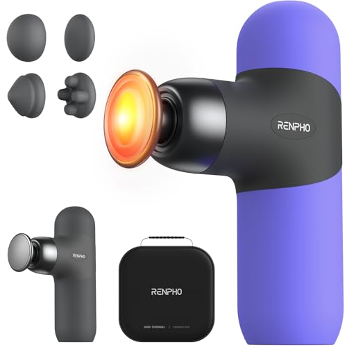 RENPHO Mini Thermal Massage Gun with Heat, Portable Deep Tissue Percussion Massager, Color Silicone Sleeves Travel Size with Carry Case, Purple