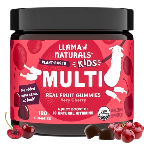 Llama Naturals Kids Multivitamin Gummies, Vegan, Organic with Vitamin D, C & K, Toddler Real Fruit Gummy Vitamins, Chewable Supplement, Whole Food Multivitamin, No Added Sugar Cane, Cherry, 2 Pk