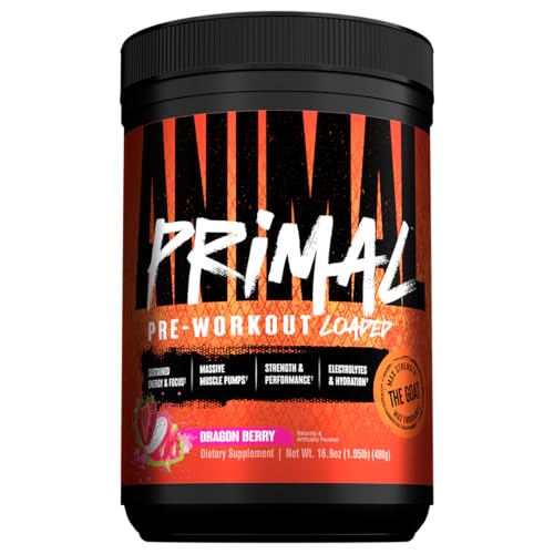 Animal Primal Muscle Hydration + Preworkout Powder  Contains Beta Alanine, 3DPump, Caffeine & Electrolytes  Improves Energy, Focus, Endurance & Absorption  New Dragon Berry Flavor, 16.9 oz