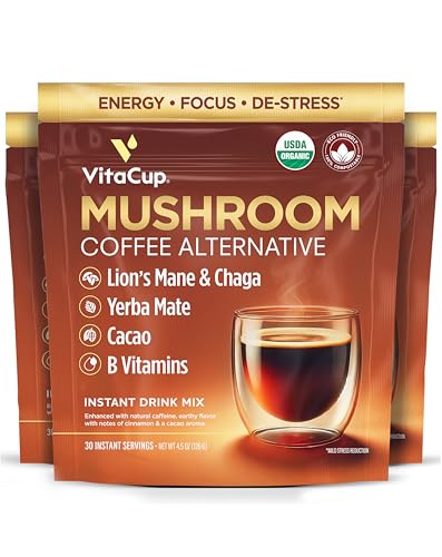 VitaCup Mushroom Coffee Alternative Instant Drink Mix | Mushroom Coffee Substitute for Natural Energy & Focus | Lions Mane, Yerba Mate, & Chaga | Cacao, Cinnamon, & B Vitamins | 3 Bags, 90 Servings