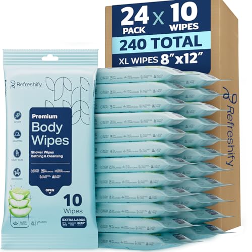 240 XL Shower Wipes  Body Wipes for Adults Bathing No Rinse  24 Packs of 10  Extra Moist Bath with Aloe & Vitamin E for Camping, Travel, Gym & Bedridden Care
