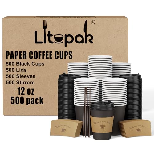 LITOPAK 500 Pack 12 oz Disposable Coffee Cup with Lids