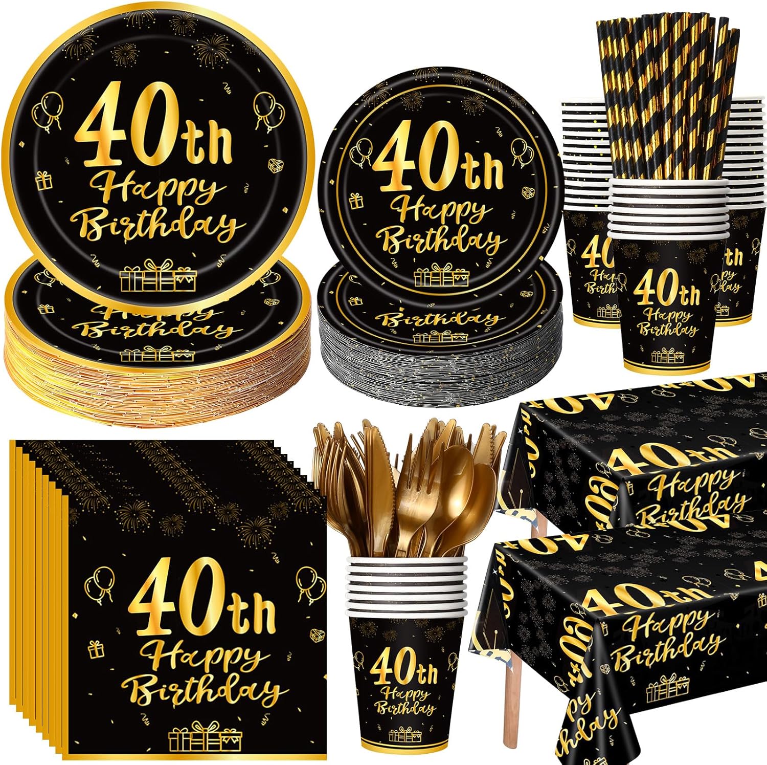 452 Pcs 40th Birthday Party Decorations Set for Men Women, Black and Gold Happy 40th Birthday Paper Plates Napkins Cups Tablecloth Cutlery Straws for Cheers to 40 Years Anniversary Party