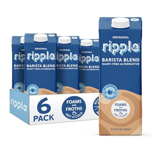 Ripple 32 oz Plant Based Milk 8g of Quality Sourced Pea Protein, Calcium Rich | Shelf Stable | Vegan & Non GMO Certified | Dairy, Soy, Nut, Gluten, & Lactose Free (Pack of 6) (32 Fl Oz (Pack of 6), Barista)