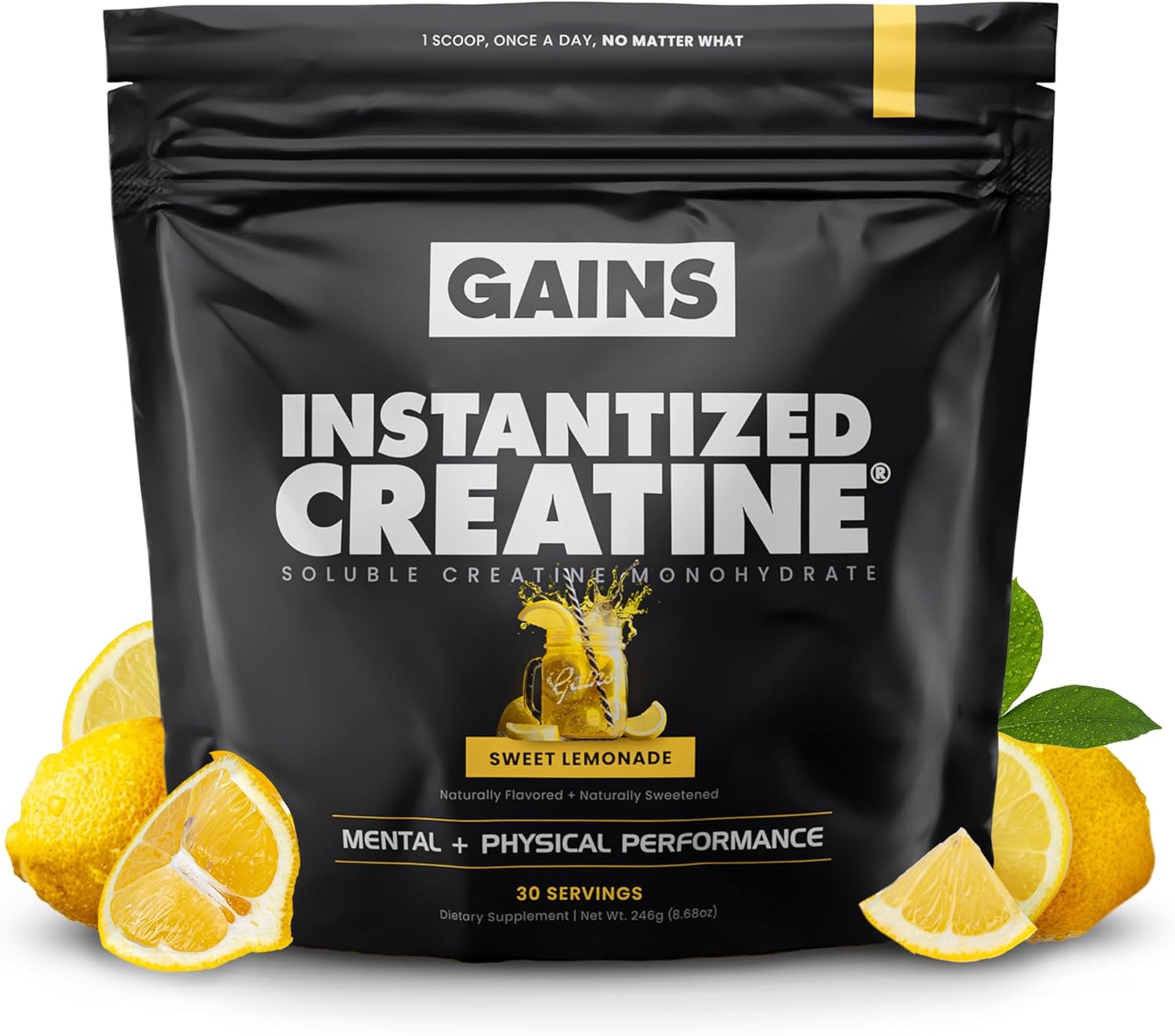 Gains in Bulk Instantized Creatine Monohydrate for Women and Men, Soluble Pre Workout Powder, Supports Muscle Building, Strength and Performance, Bodybuilding Supplements, Sweet Lemonade, 30 Servings