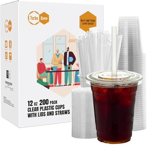 Turbo Bee 200 Sets 12 OZ Clear Plastic Cups with Lids and Straws, Disposable To Go Iced coffee cups with lids for Cold Drinks, Smoothie, and Slushie