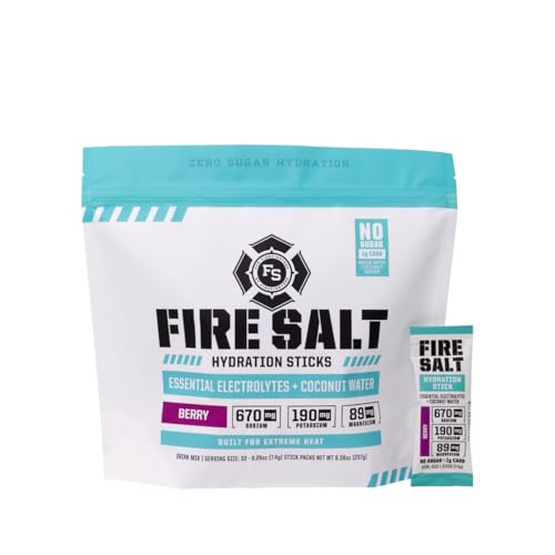 Fire Science Fire Salt Hydration Sticks, Electrolytes & Coconut Water, Hydration Drink Mix with Magnesium, Potassium & Sodium, Zero Sugar, Single Serve On The Go Packs, Berry Flavor, 32 Count