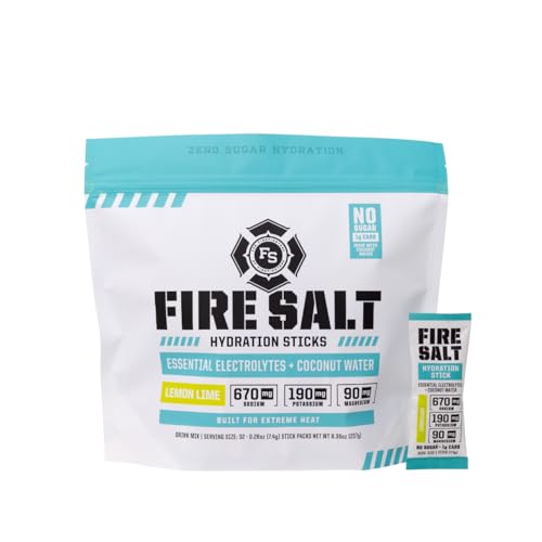Fire Science Fire Salt Hydration Sticks, Electrolytes & Coconut Water, Hydration Drink Mix with Magnesium, Potassium & Sodium, Zero Sugar, Single Serve On The Go Packs, Lemon Lime Flavor, 32 Count