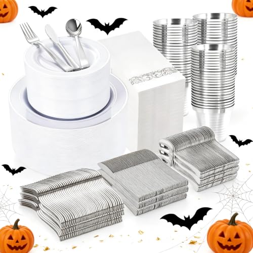WELLIFE 700 Pieces Silver Plastic Dinnerware Set for 100 Guests - Includes Plates, Cups, Napkins, and Disposable Cutlery - Elegant White & Silver Design, Perfect for Parties and Events