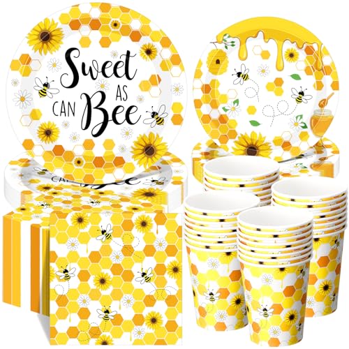 250 Pcs Bee Party Decoration Sweet as Can Bee Paper Plates Napkins and Cups Party Tableware Set for Honey Baby Shower Gender Reveal Birthday Decorations, Serves 50