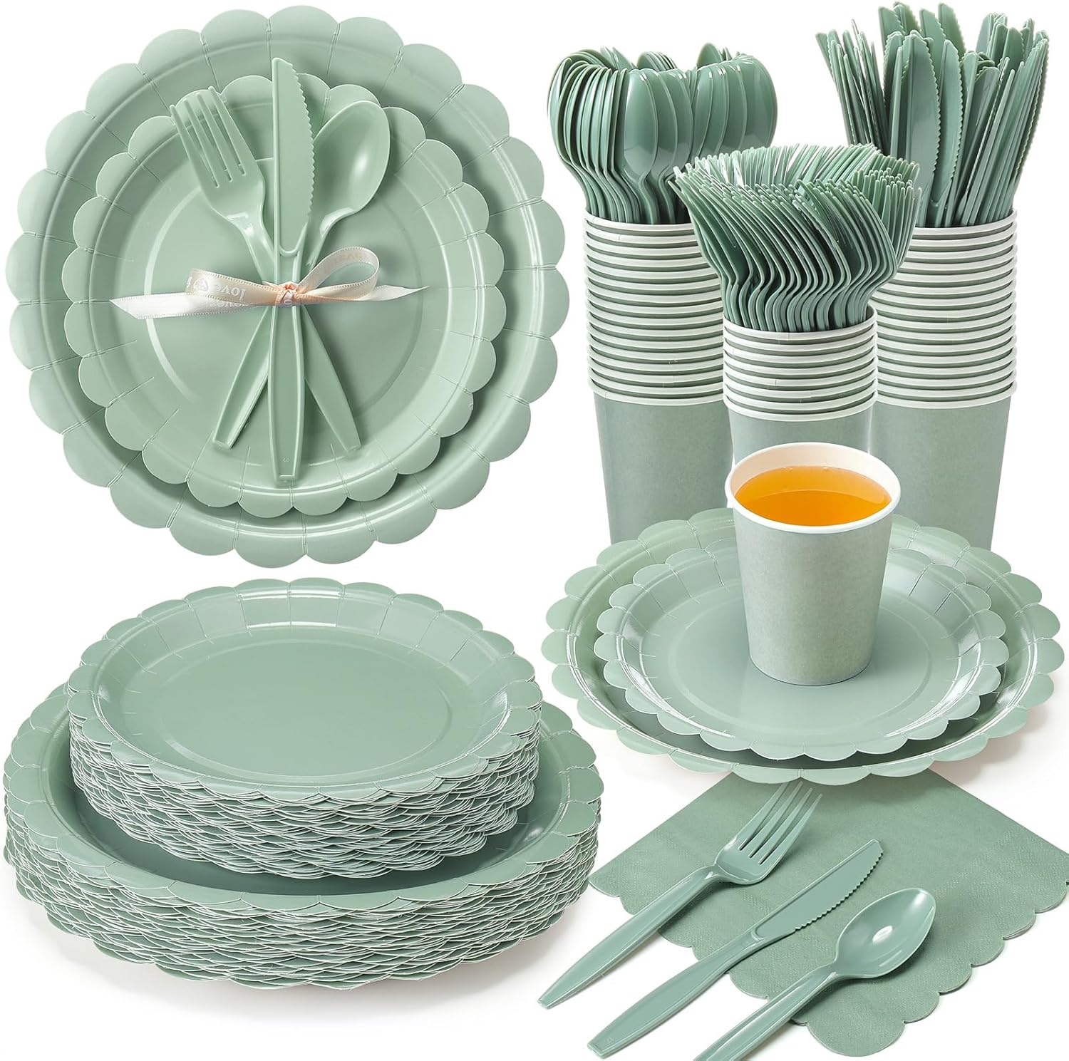 Ziliny 350 Pcs Scalloped Sage Green Set