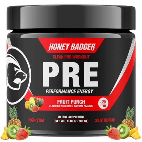 Honey Badger Pre Workout Powder, Keto Vegan Preworkout for Men & Women, Beta Alanine & Caffeine, Sugar Free Natural Energy Supplement, Fruit Punch (High-Stim)