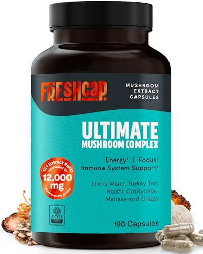 FreshCap Ultimate Mushroom Supplement 12,000mg - Nootropic Complex Capsules, Organic Mushroom Immune Support, Brain Supplements for Memory and Focus, Ayurveda Nootropic (180 Capsules)