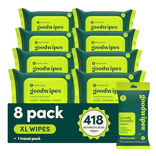 goodwipes Flushable Butt Wipes - Vitamin E & Aloe - Sewer & Septic Safe - Extra Large Adult Wet Wipes For Women & Men - Bathroom Essentials - Botanical Bliss, 418 Count (8 Packs + 1 Travel)