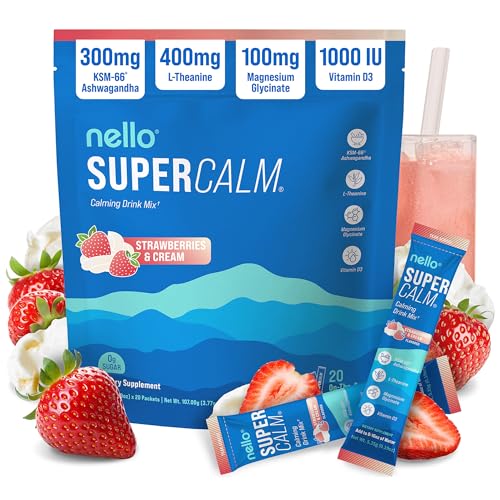 Supercalm Drink Mix - Ashwagandha KSM 66, Magnesium Glycinate & L-Theanine Supplement, Vitamin D3 - Ashwagandha Root Extract - Focus and Relaxation Support (20 Travel Packets) - Strawberries & Cream